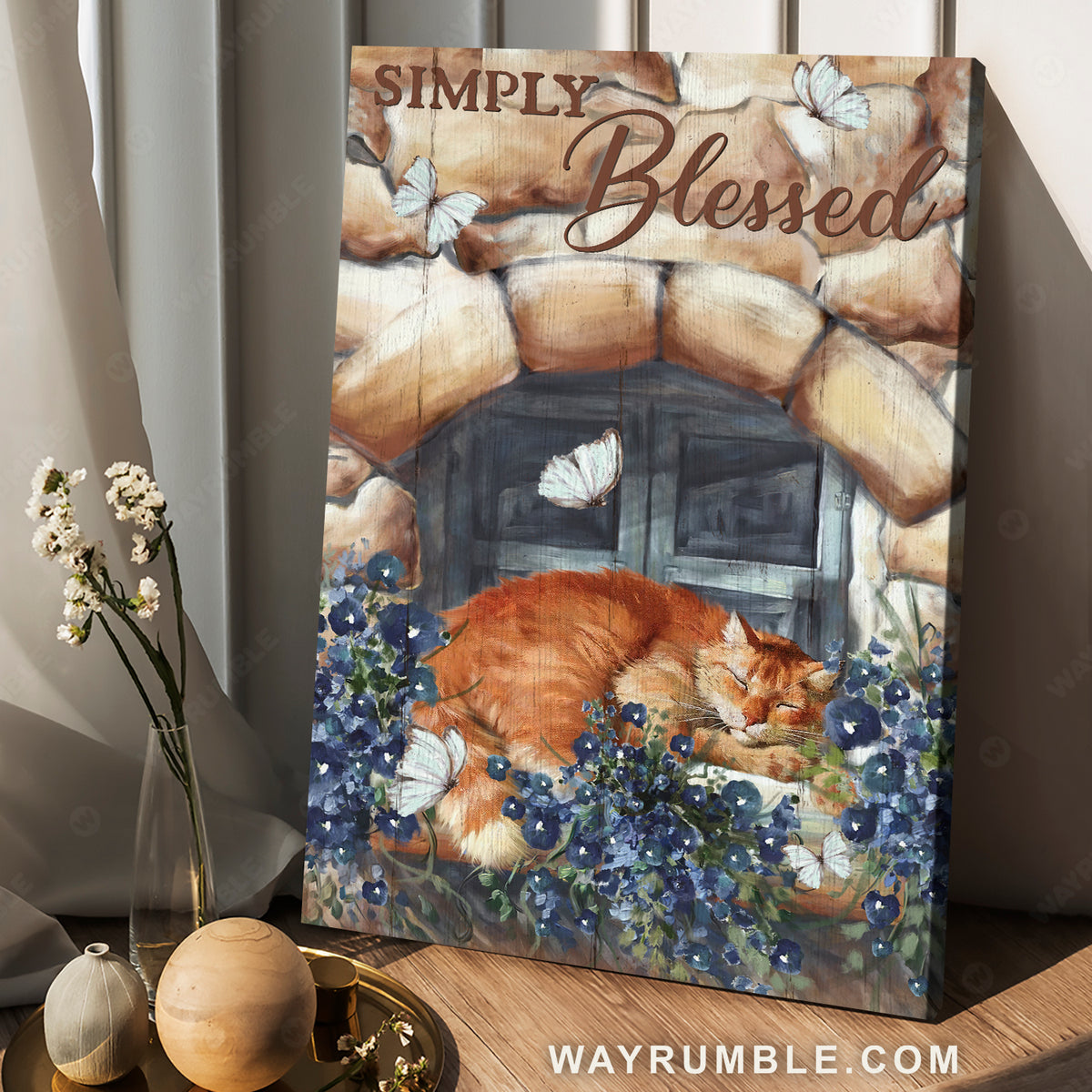 Blue bellflower, Sleeping cat, Stone wall, Simply blessed - Jesus Portrait Canvas Prints, Christian Wall Art