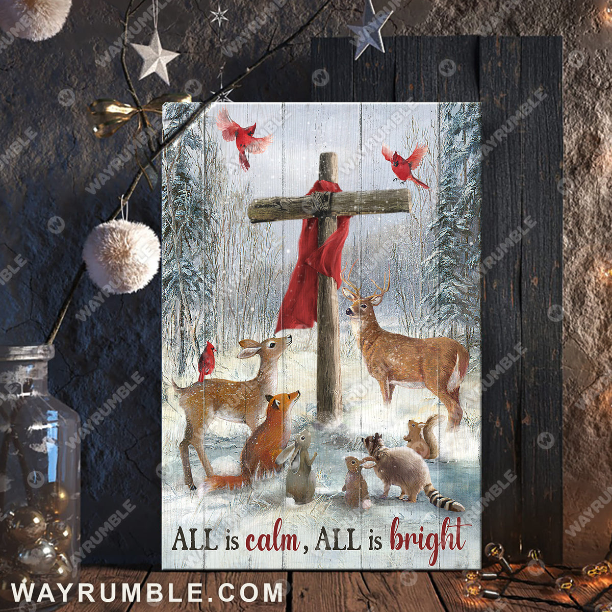 Animal painting, Wooden cross, All is calm all is bright - Jesus Portrait Canvas Prints, Wall Art