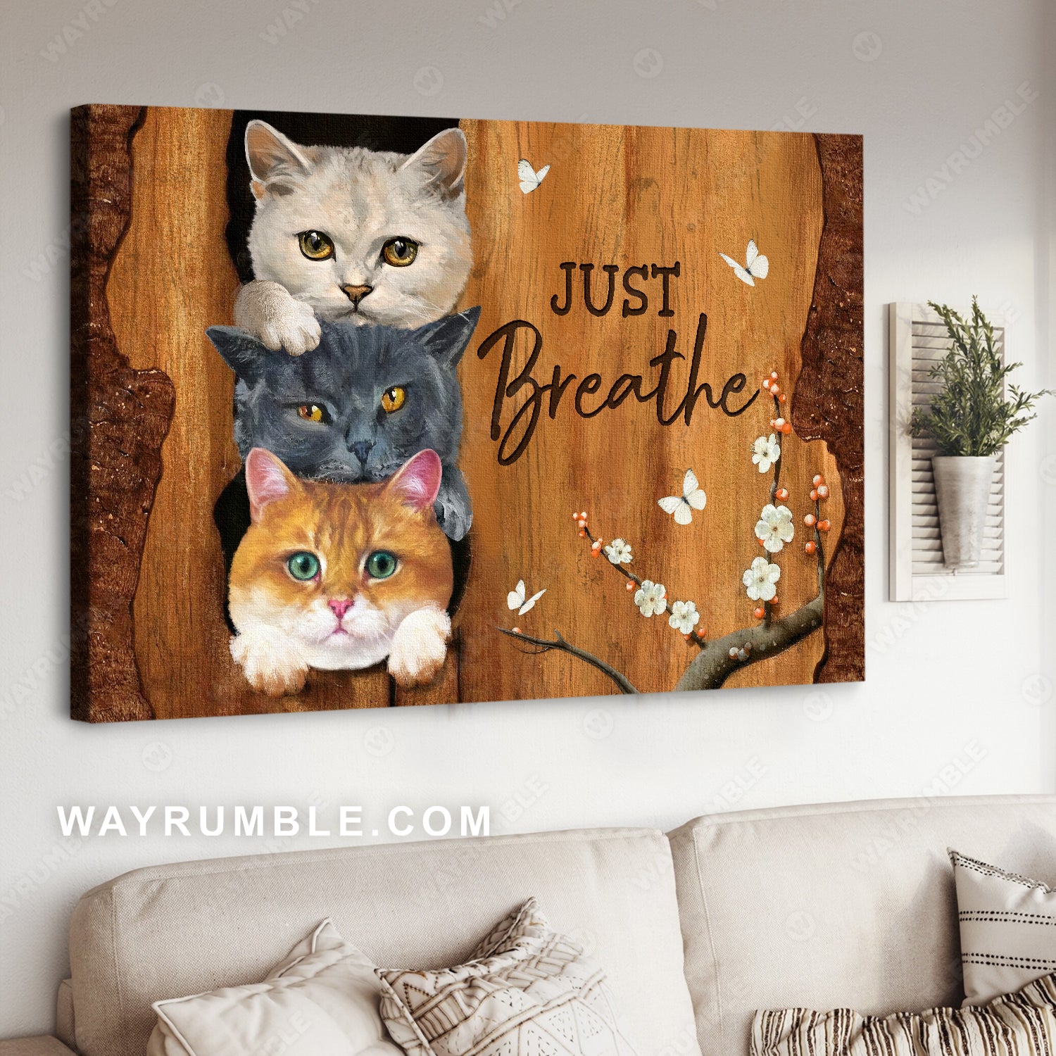 Little cat artwork, Wooden background, White flower, Just breathe - Jesus Landscape Canvas Prints, Christian Wall Art