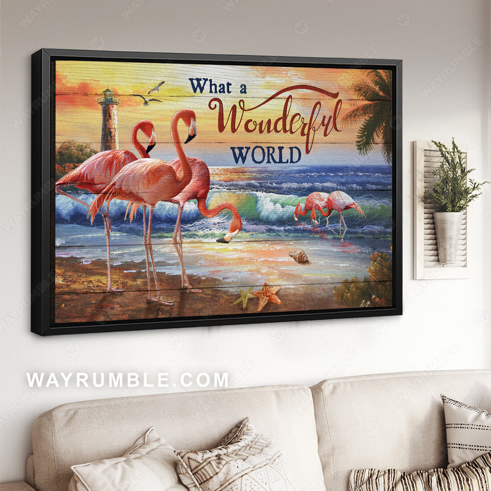 Pink flamingo, Colorful sunset, Ocean drawing, What a wonderful world - Jesus Landscape Canvas Prints, Christian Wall Art