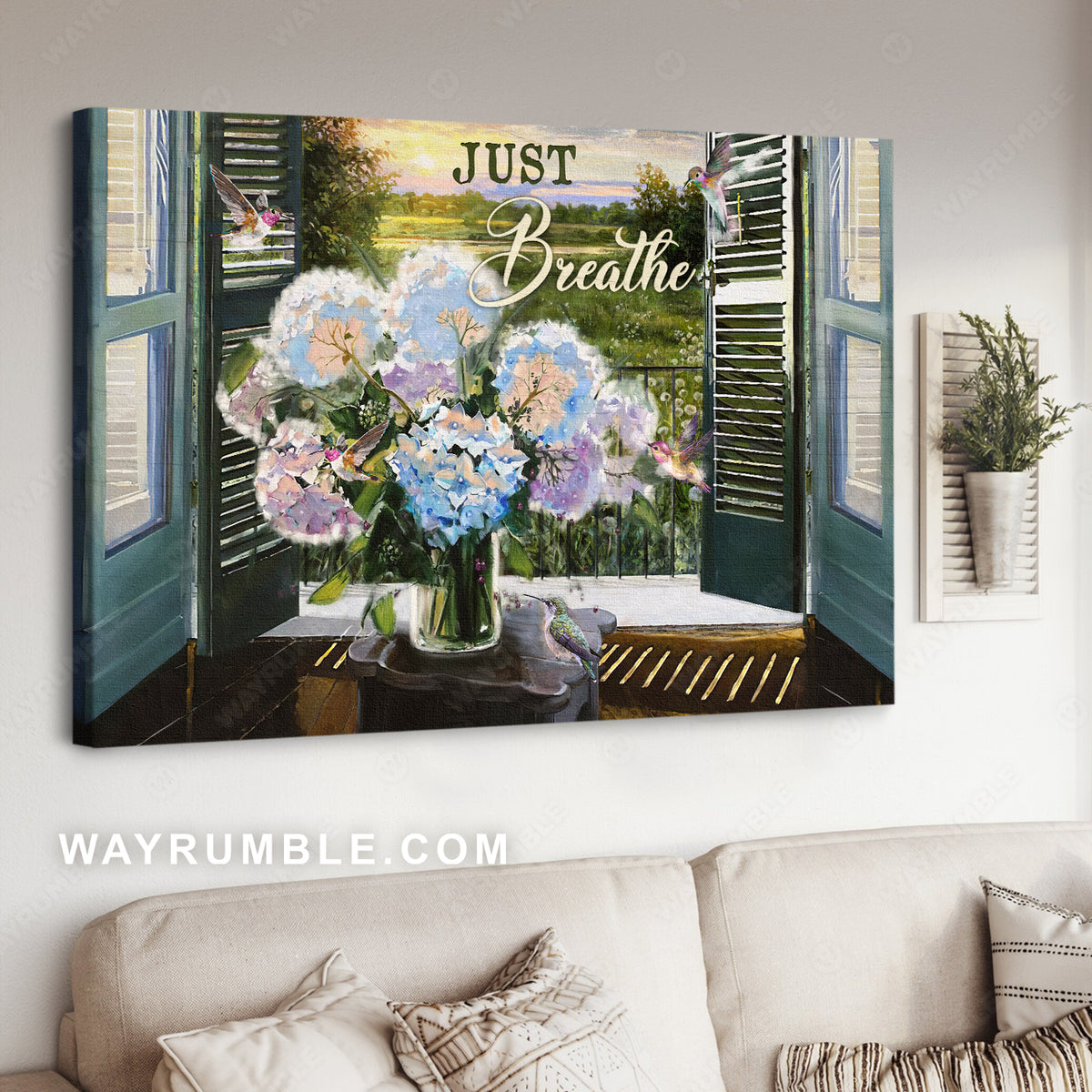 Watercolor hydrangea flower, Green meadow land, Just breathe - Jesus Landscape Canvas Prints, Christian Wall Art