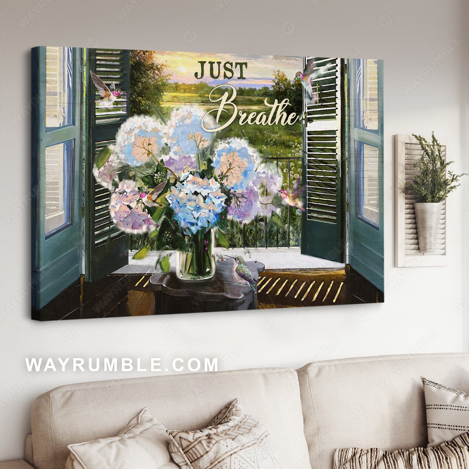 Watercolor hydrangea flower, Green meadow land, Just breathe - Jesus Landscape Canvas Prints, Christian Wall Art