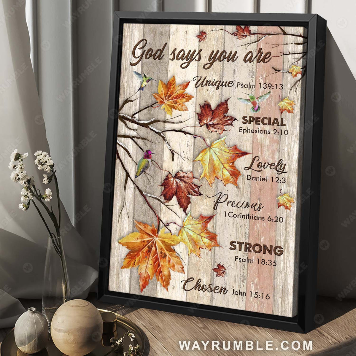 Maple leaf, Autumn forest, Hummingbird, God says you are unique - Jesus Portrait Canvas Prints, Christian Wall Art