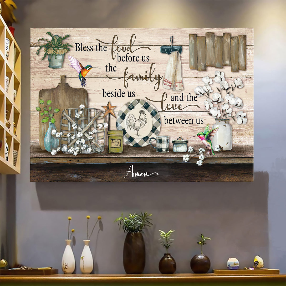 Hummingbird, Cotton Flower, Bless the food before us The family beside us &amp; The love between us - Jesus Landscape Canvas Prints, Wall Art