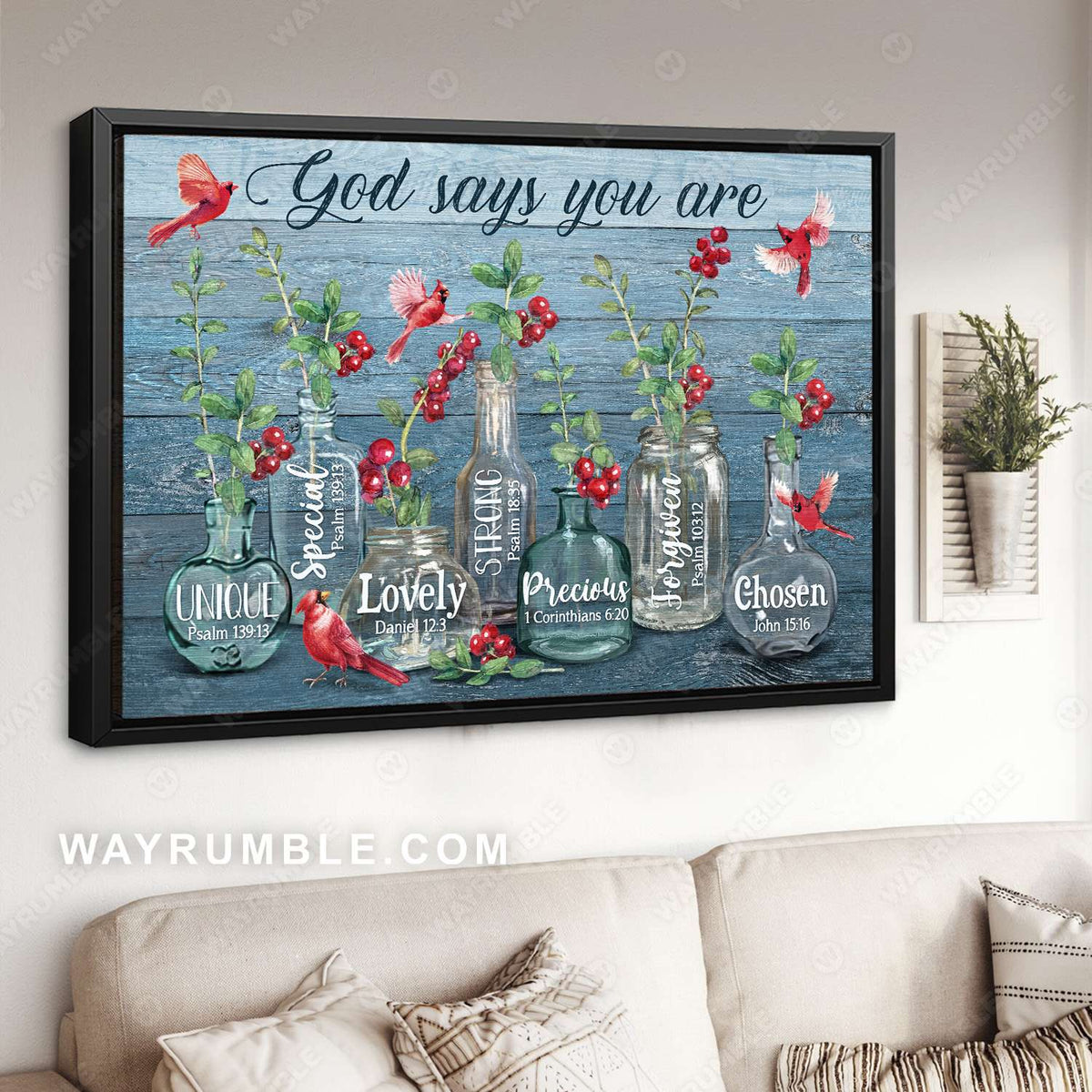 Northern cardinal, Cranberry, Glass bottle, God says you are - Jesus Landscape Canvas Prints, Christian Wall Art