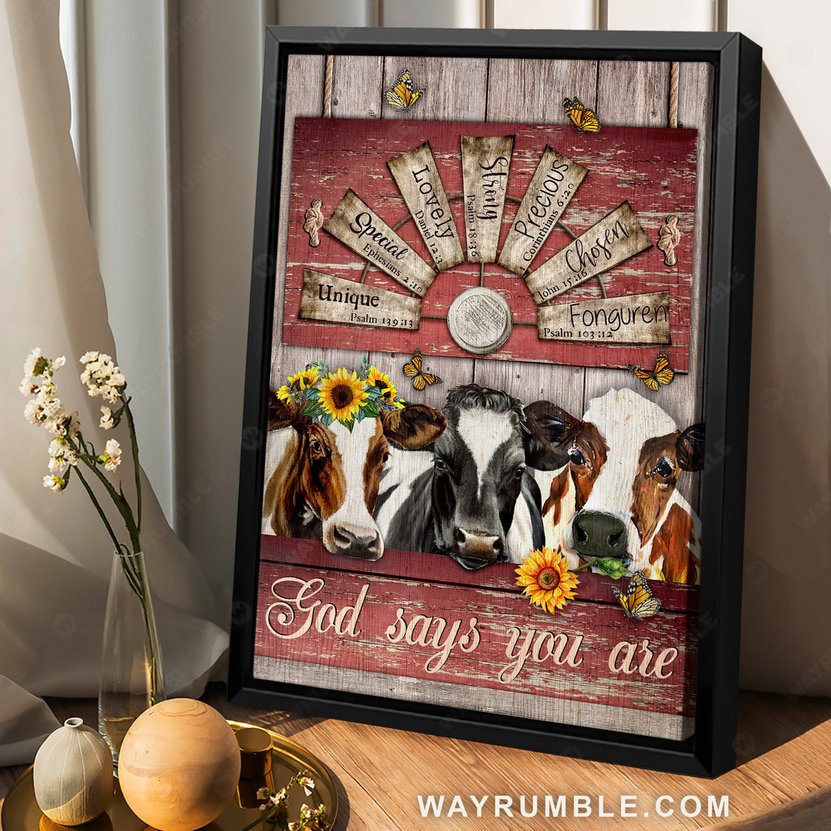 Amazing dairy cow, Sunflower wreath, Windmill, God says you are unique - Jesus Portrait Canvas Prints, Christian Wall Art