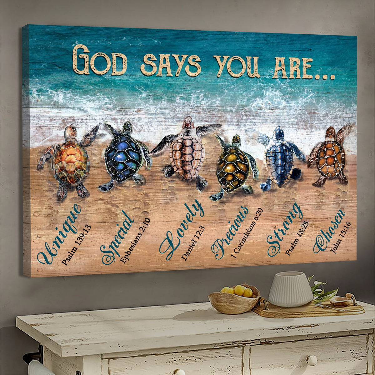 Turtle, On the beach, God says you are - Jesus Landscape Canvas Prints, Wall Art