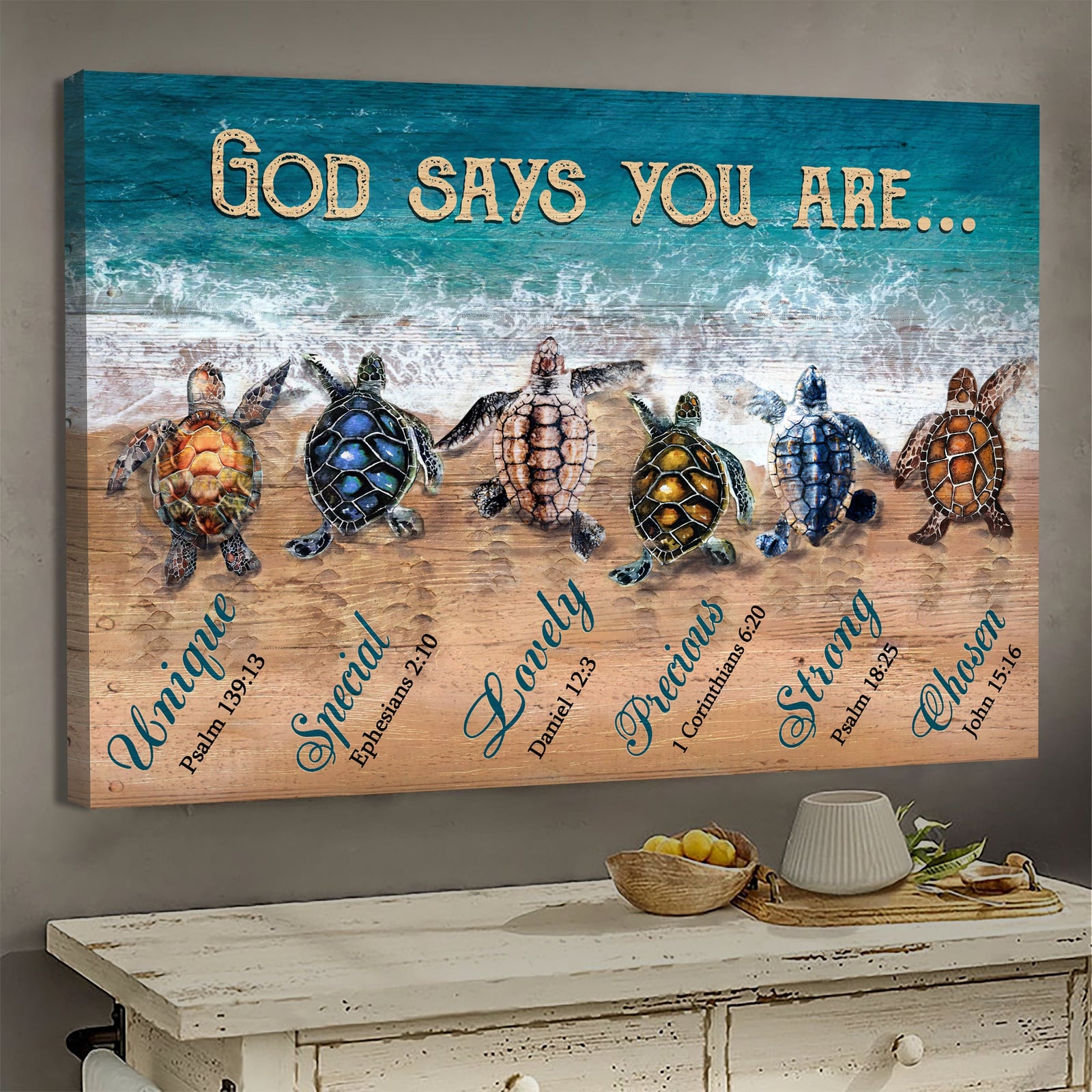 Turtle, On the beach, God says you are - Jesus Landscape Canvas Prints, Wall Art