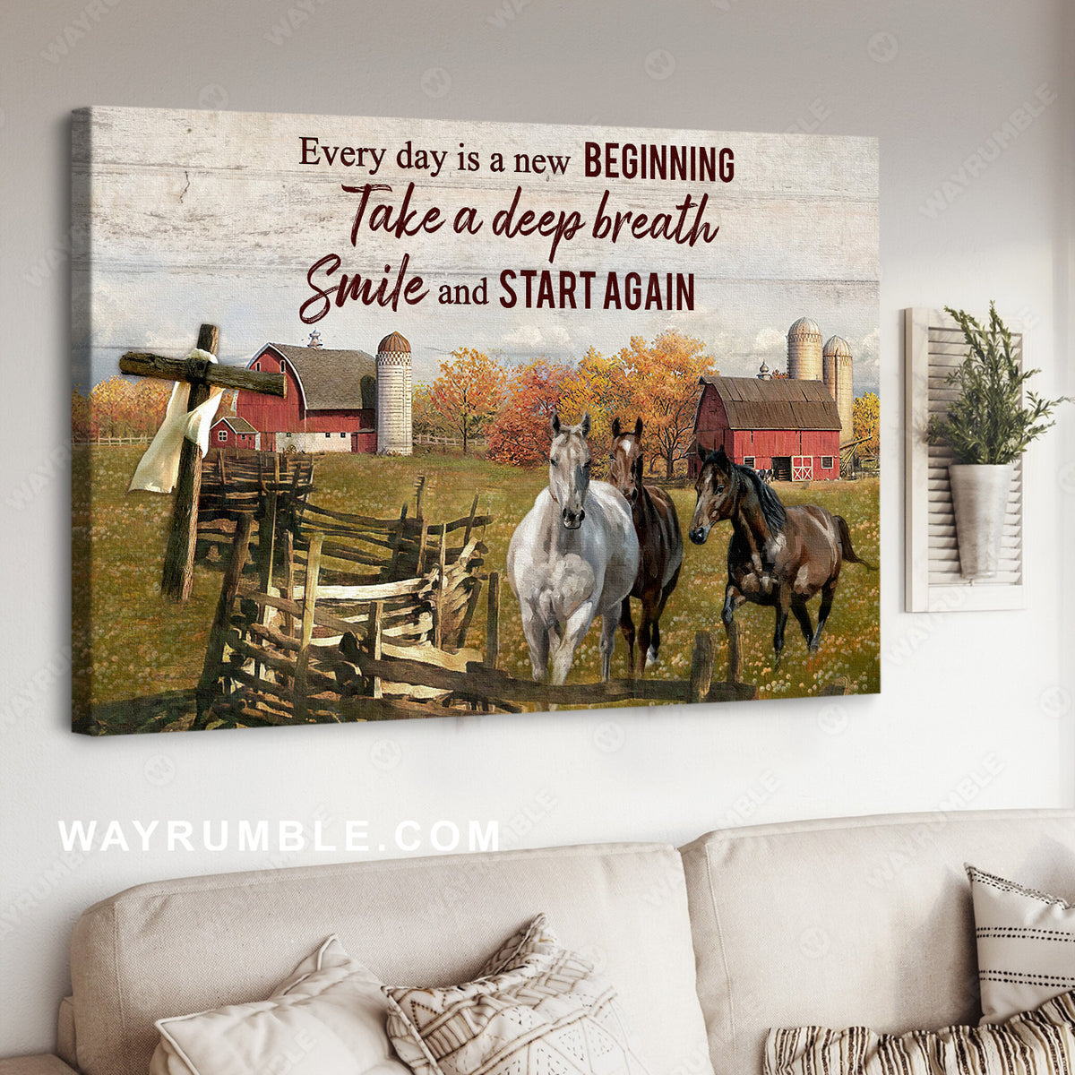 Running horses, Green farm, Wooden fence, Autumn, Every day is a new beginning - Jesus Landscape Canvas Prints, Christian Wall Art
