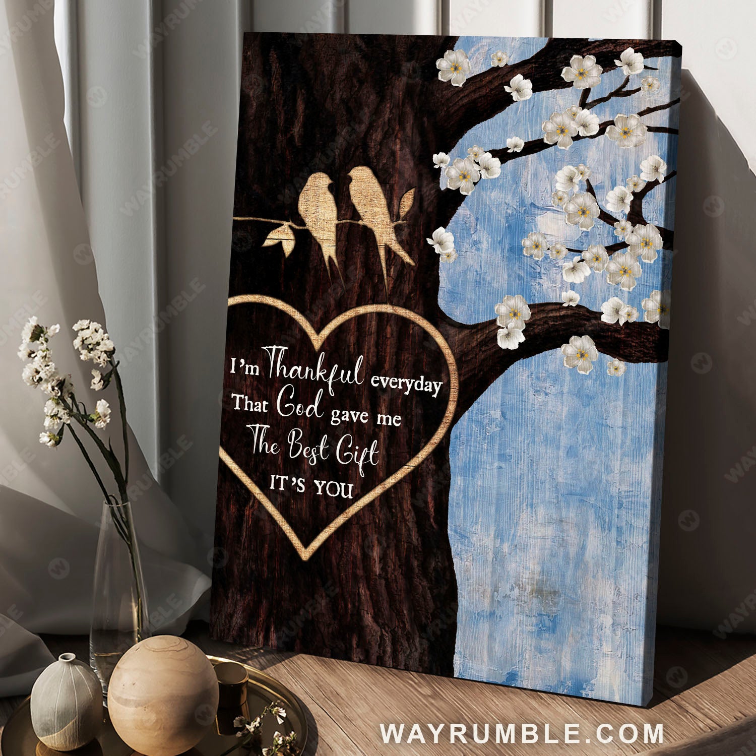 White cherry blossom, Bird couple, I'm thankful everyday That God gave me you - Couple Portrait Canvas Prints, Wall Art