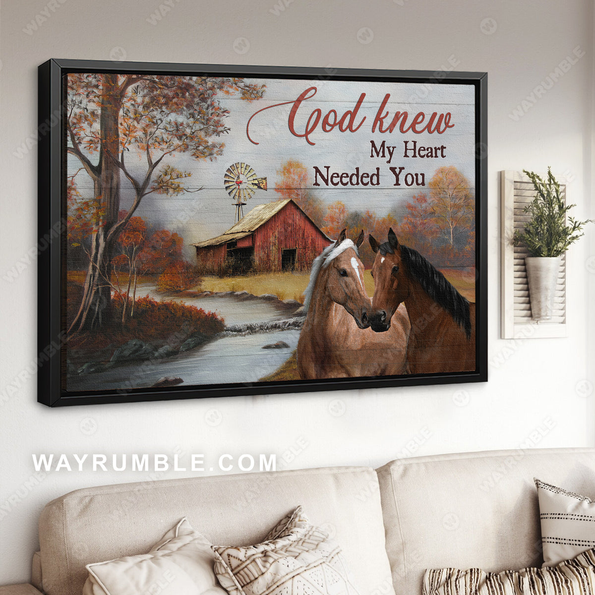 Brown horses drawing, River painting, Autumn forest, God knew my heart needed you - Jesus Landscape Canvas Prints, Christian Wall Art
