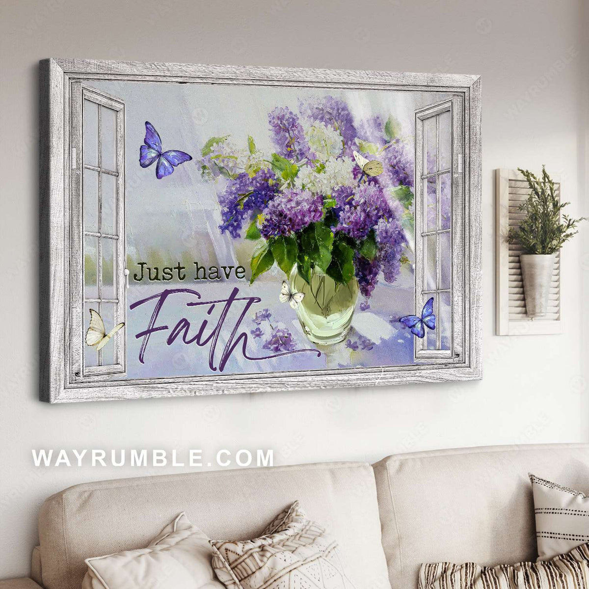 Butterfly bush, Glass vase, Purple butterfly, Just have faith - Jesus Landscape Canvas Prints, Christian Wall Art