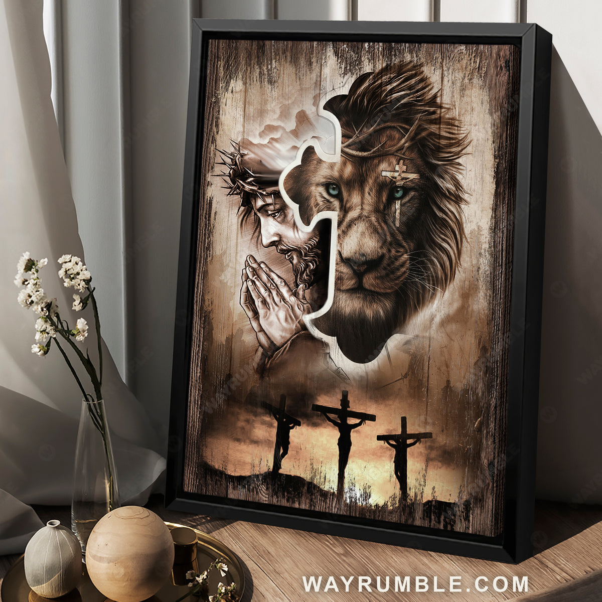 Lion of Judah, Jesus praying, Three wooden crosses, Sunset sky - Jesus Portrait Canvas Prints, Christian Wall Art