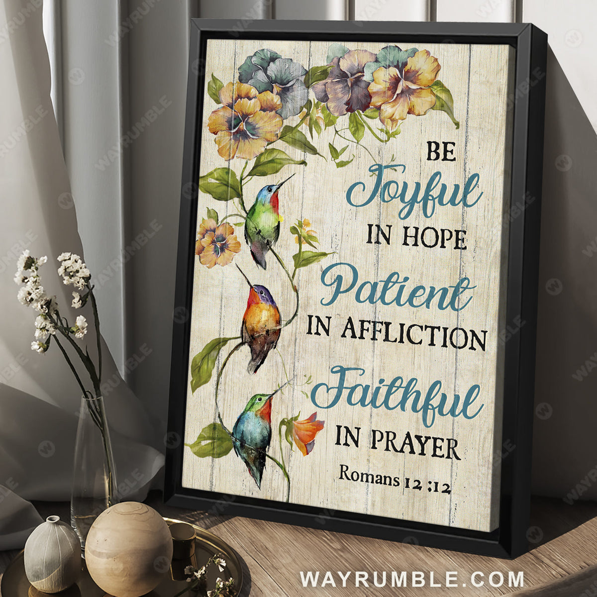 Flower garden, Colorful hummingbird, Spring painting, Be joyful in hope - Jesus Portrait Canvas Prints, Wall Art