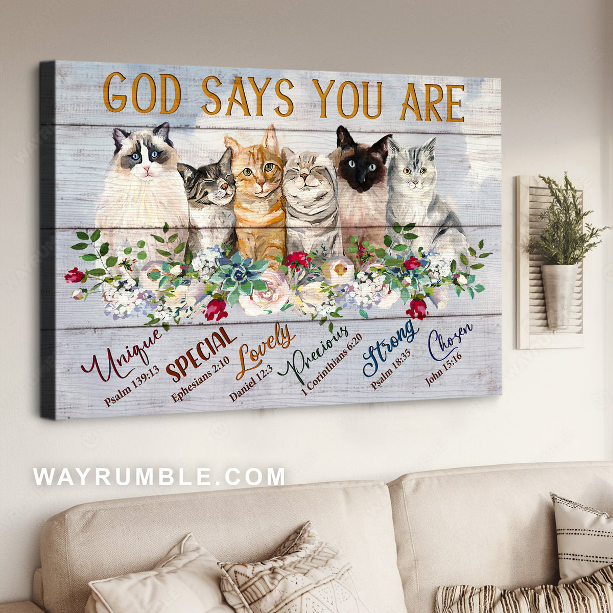 Lovely cat artwork, Gift for cat lover, Pretty flower, God says you are unique - Jesus Landscape Canvas Prints, Home Decor Wall Art