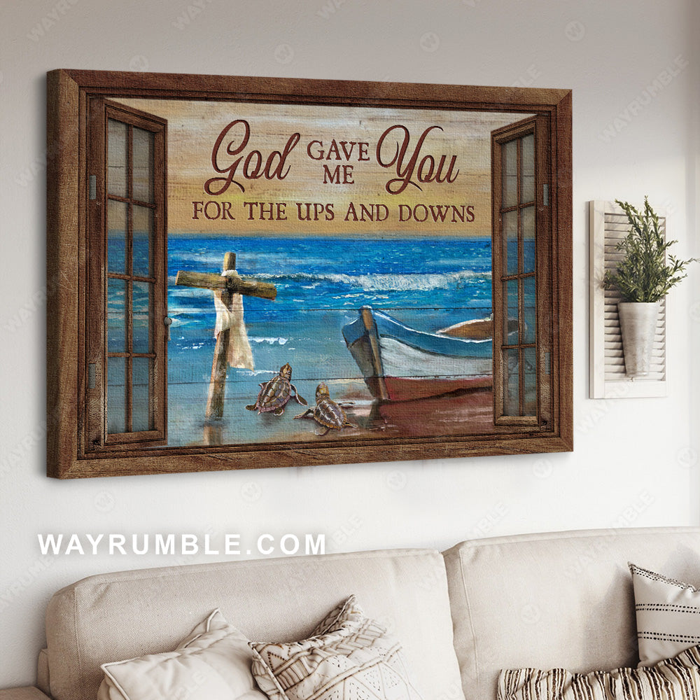 Colorful boat, Wooden cross, Dark blue ocean, God gave me you - Jesus Landscape Canvas Prints, Wall Art