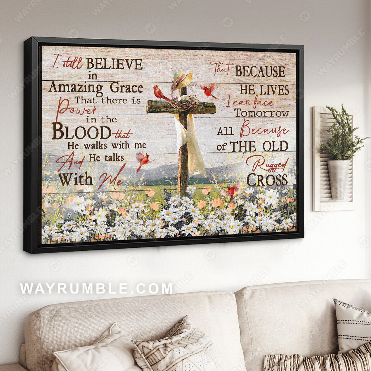 Cross symbol, Daisy field, Northern cardinal, I still believe in Amazing Grace - Jesus Landscape Canvas Prints, Christian Wall Art