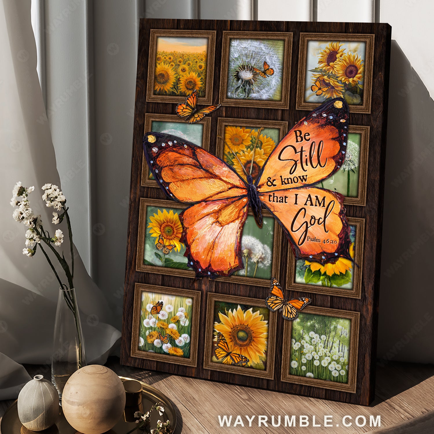 Stunning monarch butterfly, Sunflower painting, Be still and know that I am God - Jesus Portrait Canvas Prints, Home Decor Wall Art