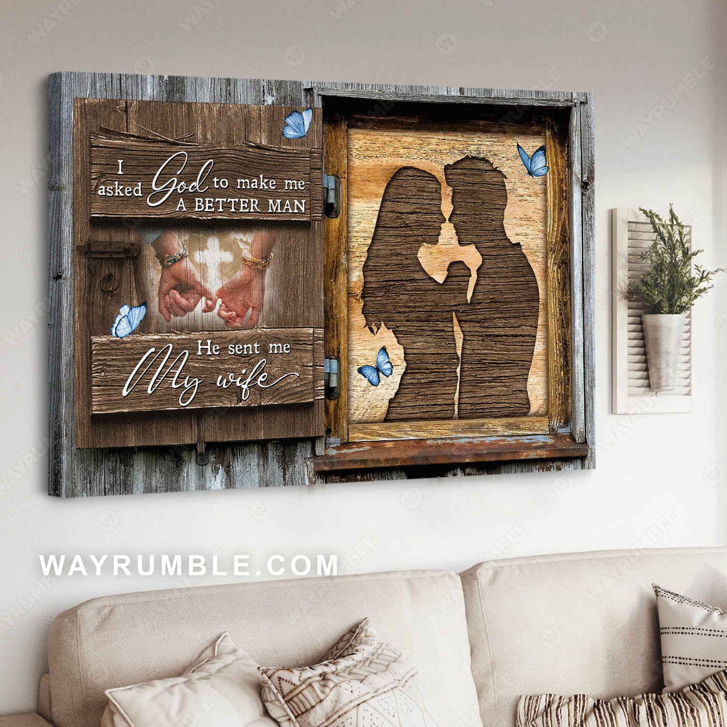 Couple drawing, Holding hands, Wooden window, I asked God to make me a better man - Jesus Landscape Canvas Prints, Christian Wall Art