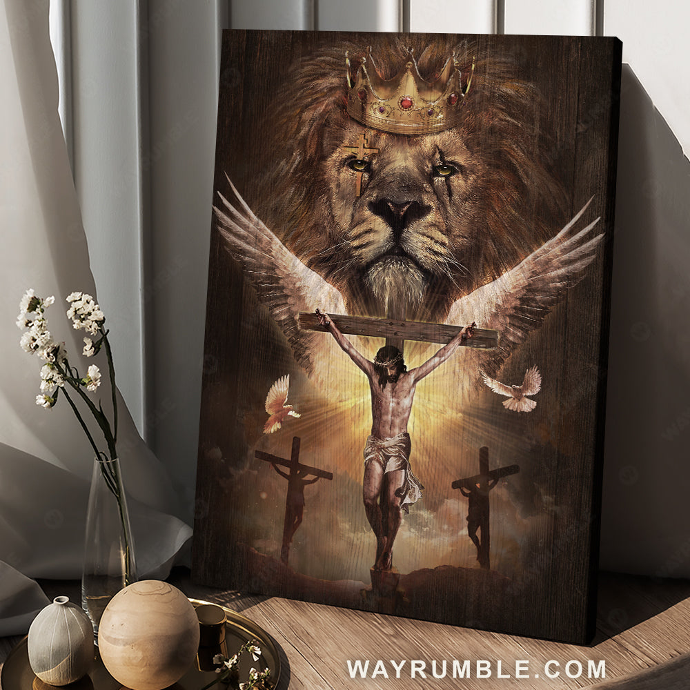 Watercolor lion, Jesus on cross, Golden crown, White dove - Jesus Portrait Canvas Prints, Christian Wall Art