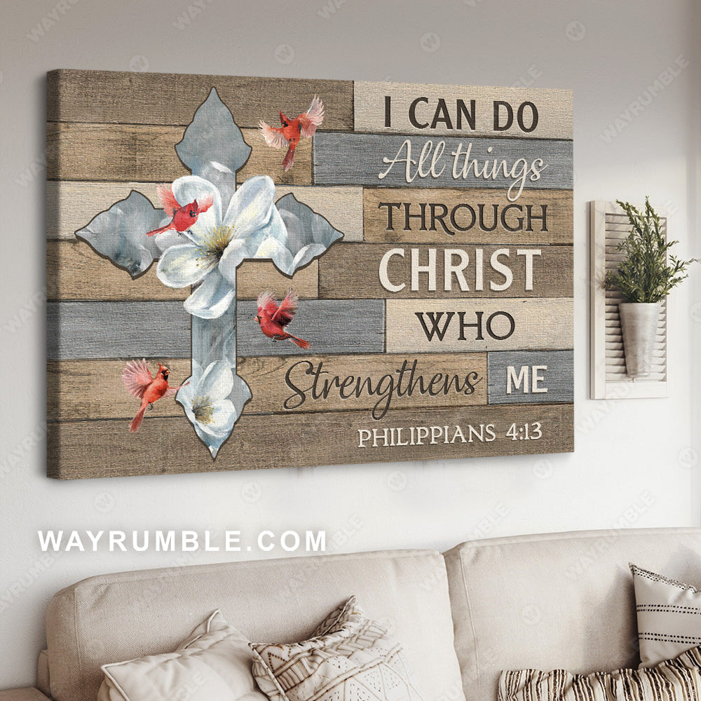 Jasmine flower, Cross symbol, Red cardinal, I can do all things - Jesus Landscape Canvas Prints, Christian Wall Art