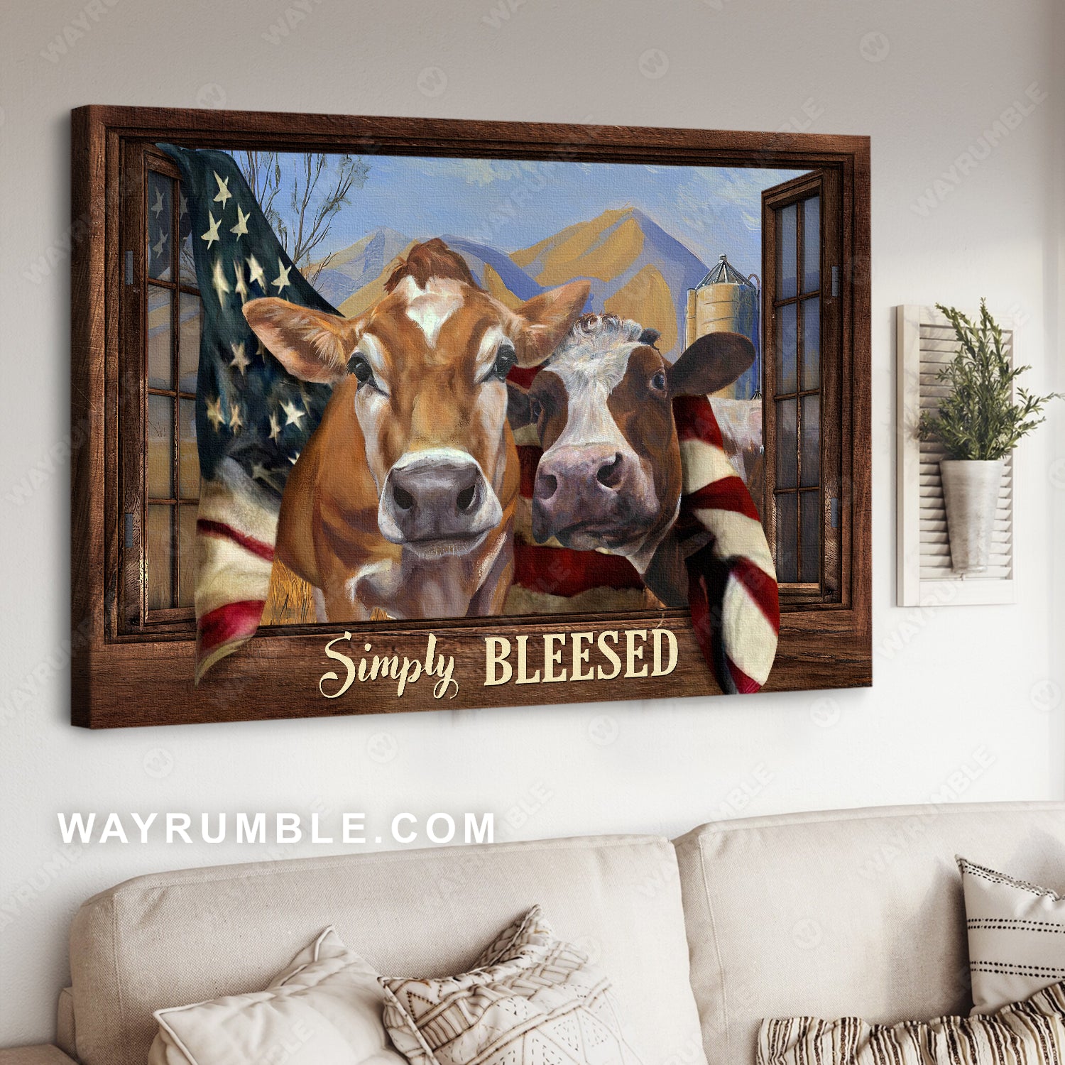 Lovely cow painting, US flag, Animal drawing, Simply blessed - Jesus Landscape Canvas Prints, Christian Wall Art