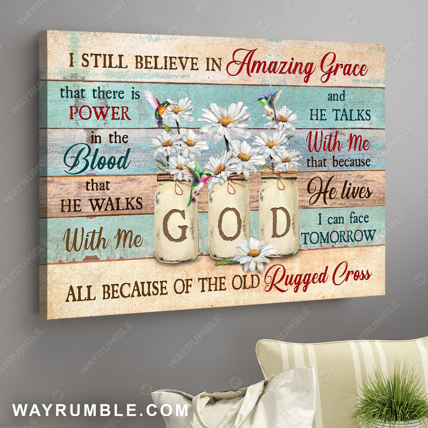 Daisy in vase, Colorful hummingbird, Pastel background, I still believe in amazing grace - Jesus Landscape Canvas Prints, Wall Art
