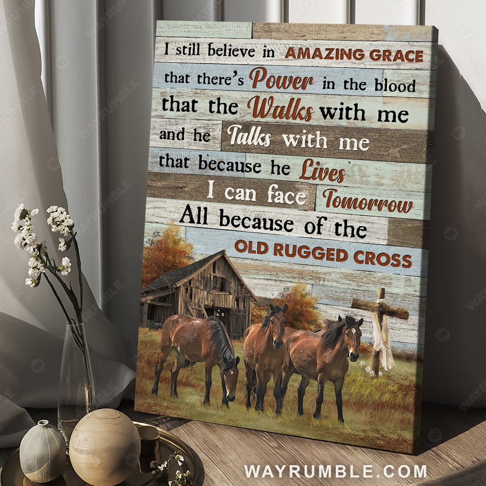 Horses drawing, Antique house, Green meadow, Yellow tree, I still believe in amazing grace - Jesus Portrait Canvas Prints, Christian Wall Art