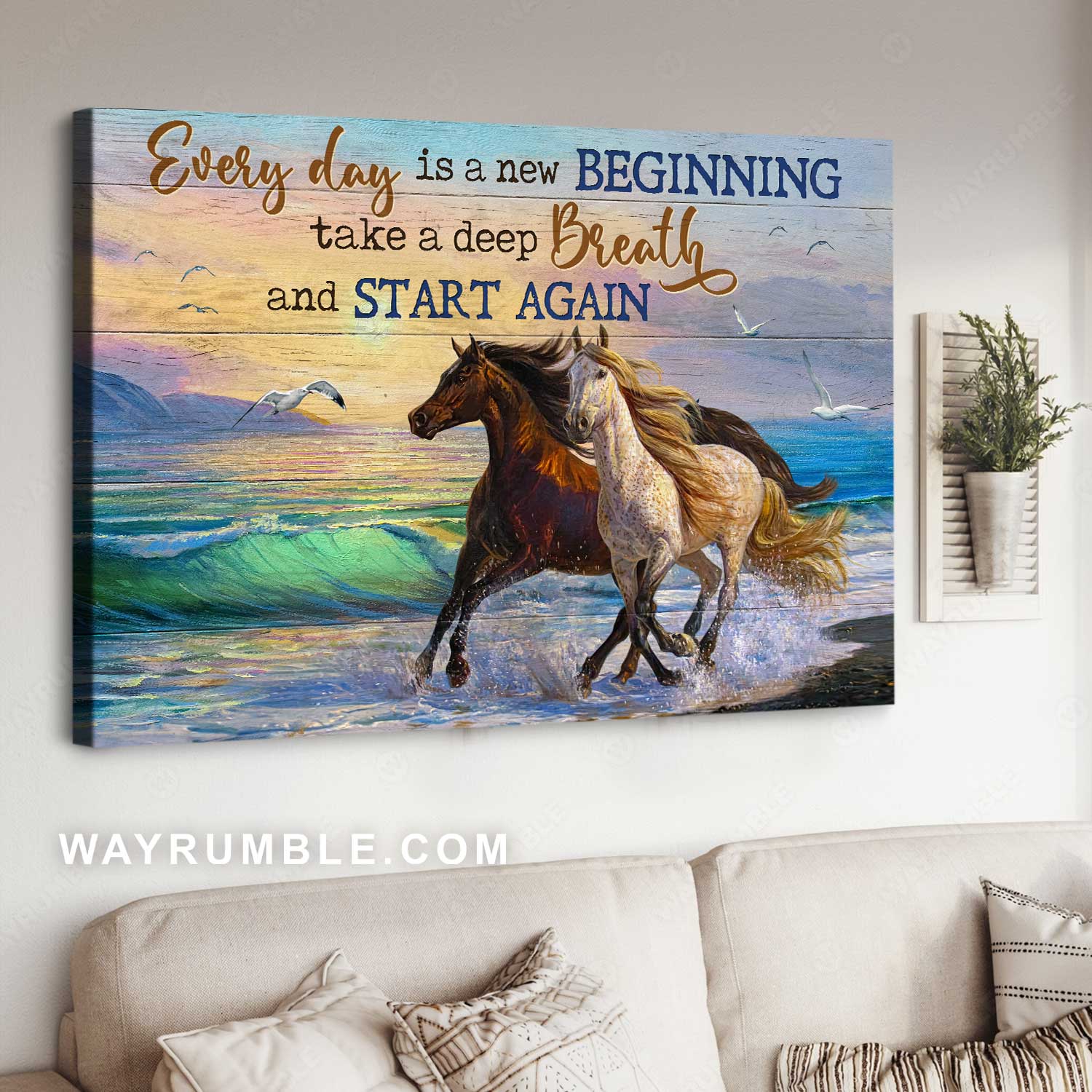 Running horse, Stunning sunset, Seagull, Every day is a new beginning - Jesus Landscape Canvas Prints, Home Decor Wall Art
