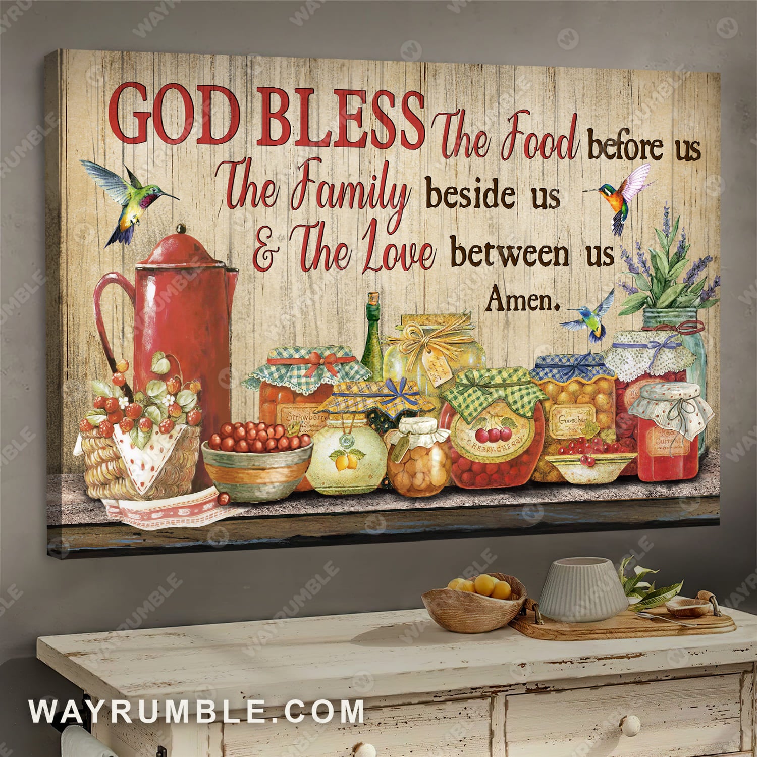 Kitchen decoration, Colorful hummingbird, God bless the food before us - Jesus Landscape Canvas Prints, Wall Art