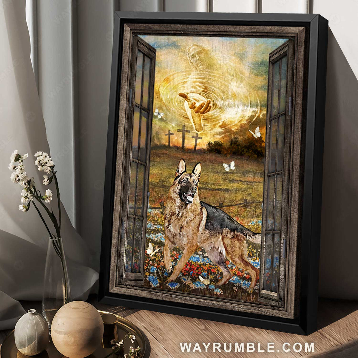 Jesus calls, German Shepherd drawing, Blue flower field, Old farm - Jesus Portrait Canvas Prints, Christian Wall Art