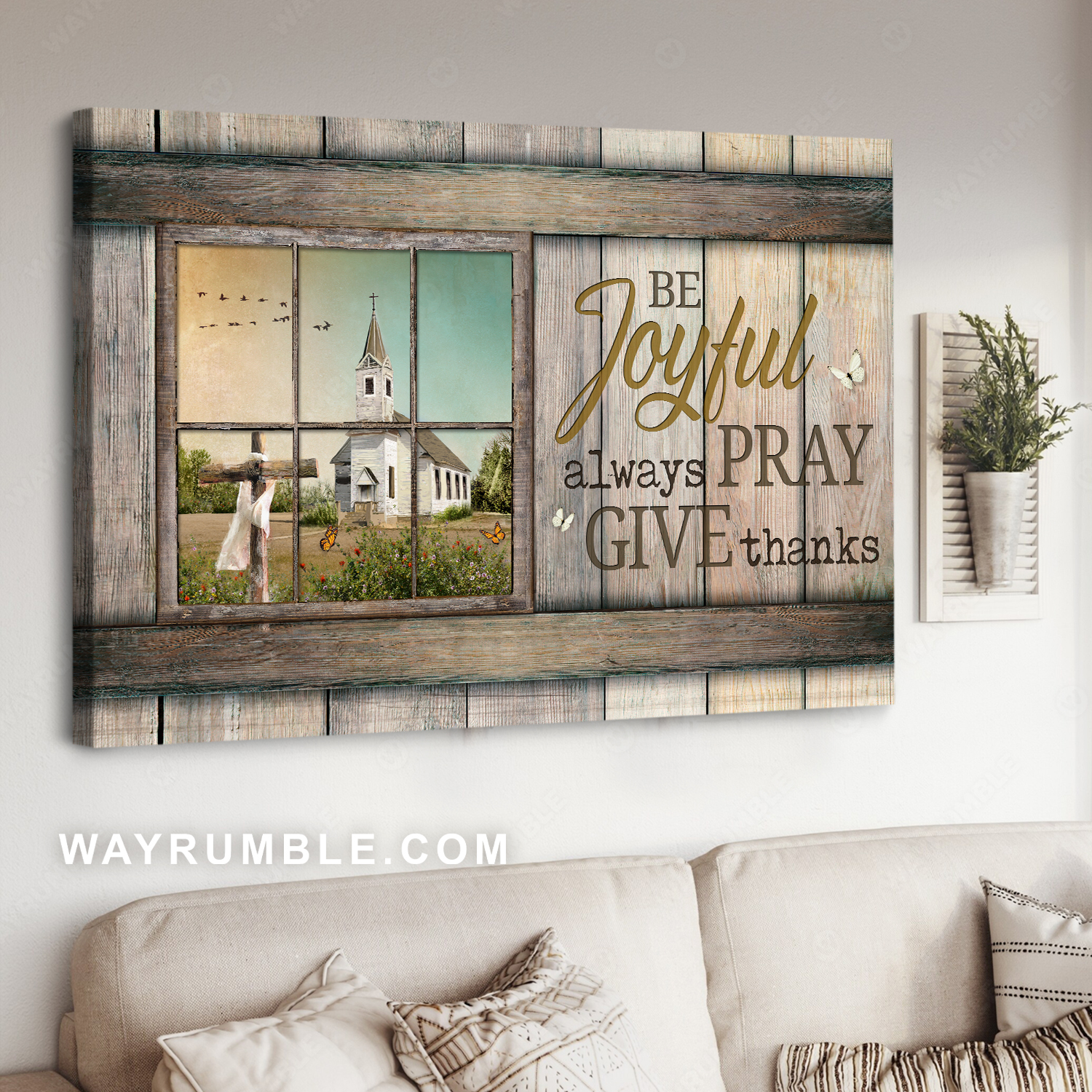 White church drawing, Colorful sunset, Antique window, Be joyful, Always pray, Give thanks - Jesus Landscape Canvas Prints, Christian Wall Art