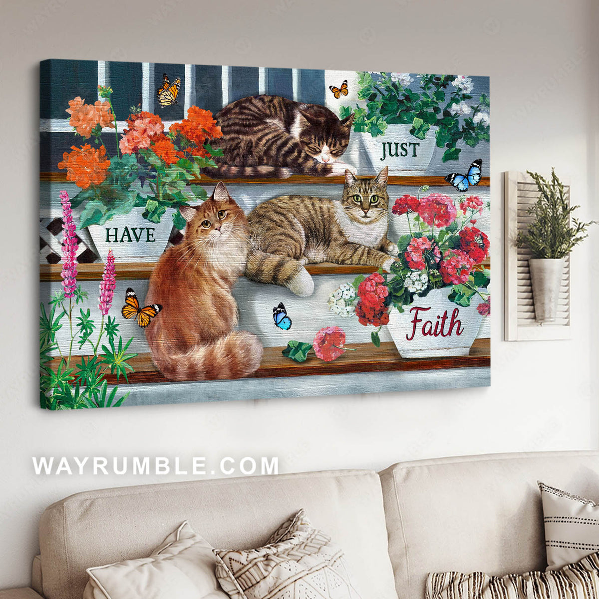 Tabby cats, Red geranium, Outdoor steps, Just have faith - Jesus Landscape Canvas Prints, Christian Wall Art