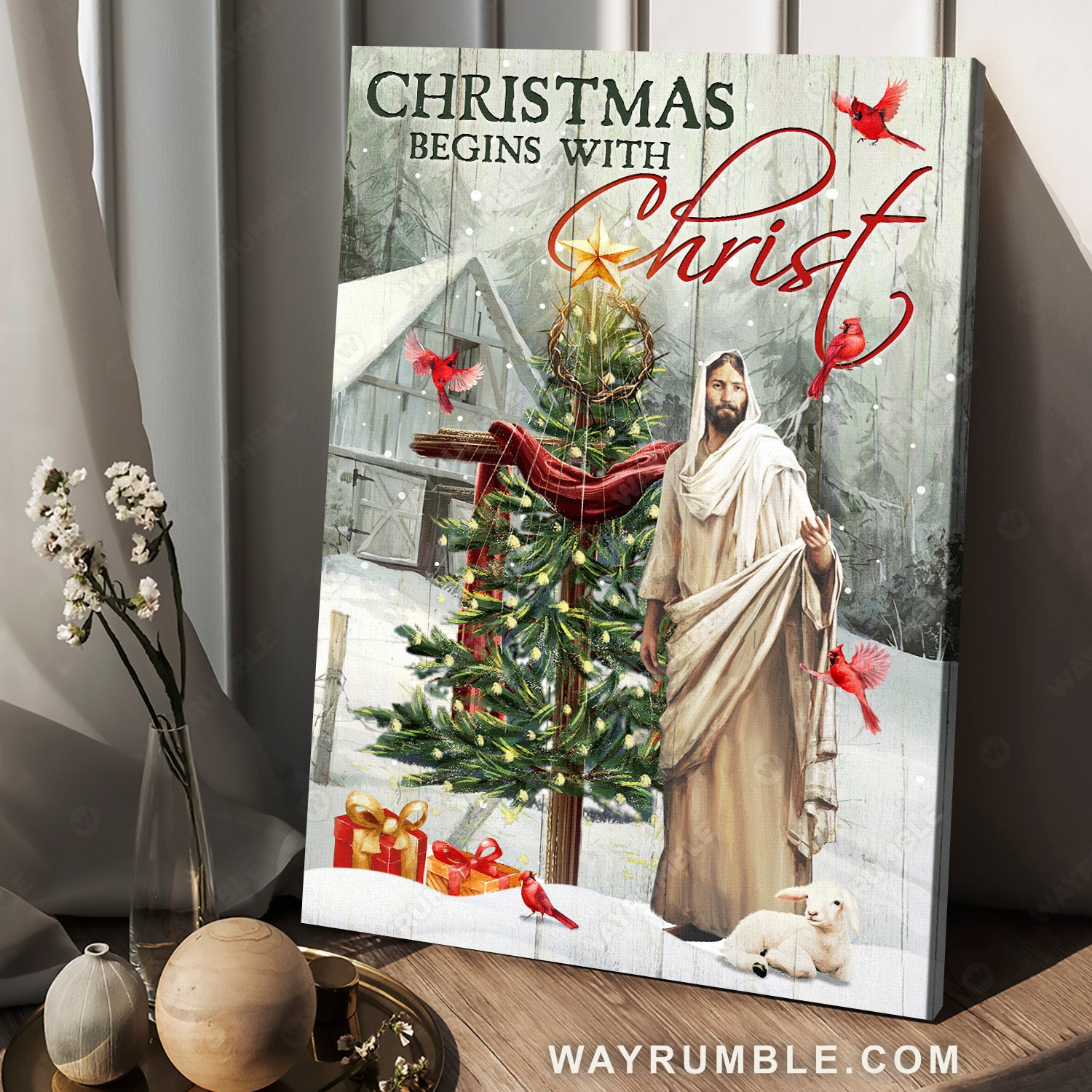 Stunning Jesus painting, Beautiful Christmas tree, Christmas begins with Christ - Jesus Portrait Canvas Prints, Home Decor Wall Art