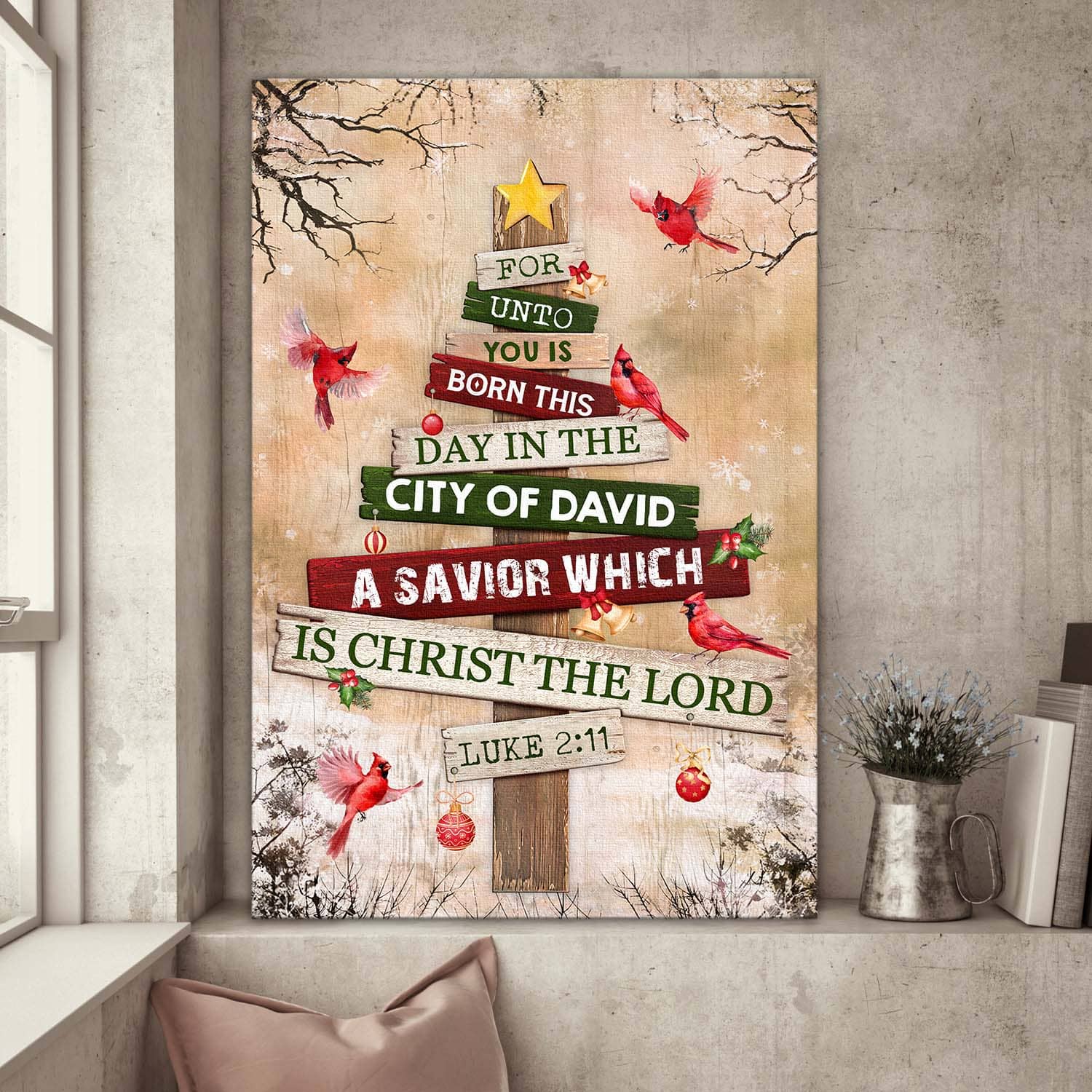 Cardinal, Christmas tree, A savior which is Christ the Lord - Jesus Portrait Canvas Prints, Wall Art