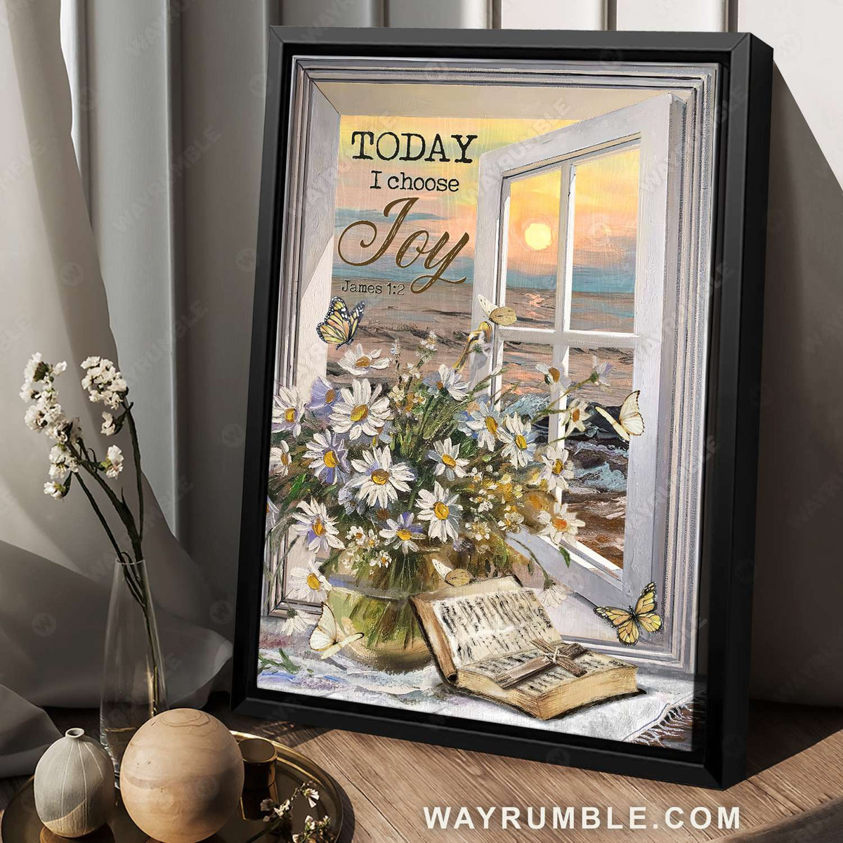 Daisy flower, Bible, Cross symbol, Beach view, Today I choose joy - Jesus Portrait Canvas Prints, Christian Wall Art