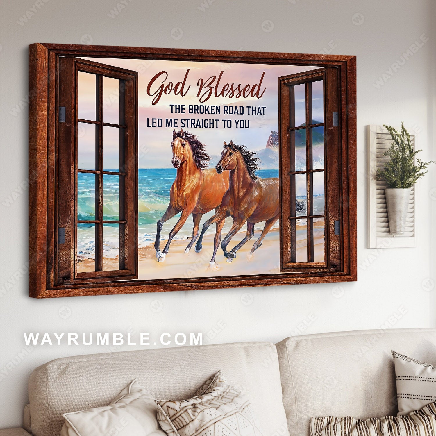 Horse painting, Running horses, Beach, Window frame, God blessed the broken road that led me to you - Jesus Landscape Canvas Prints, Christian Wall Art