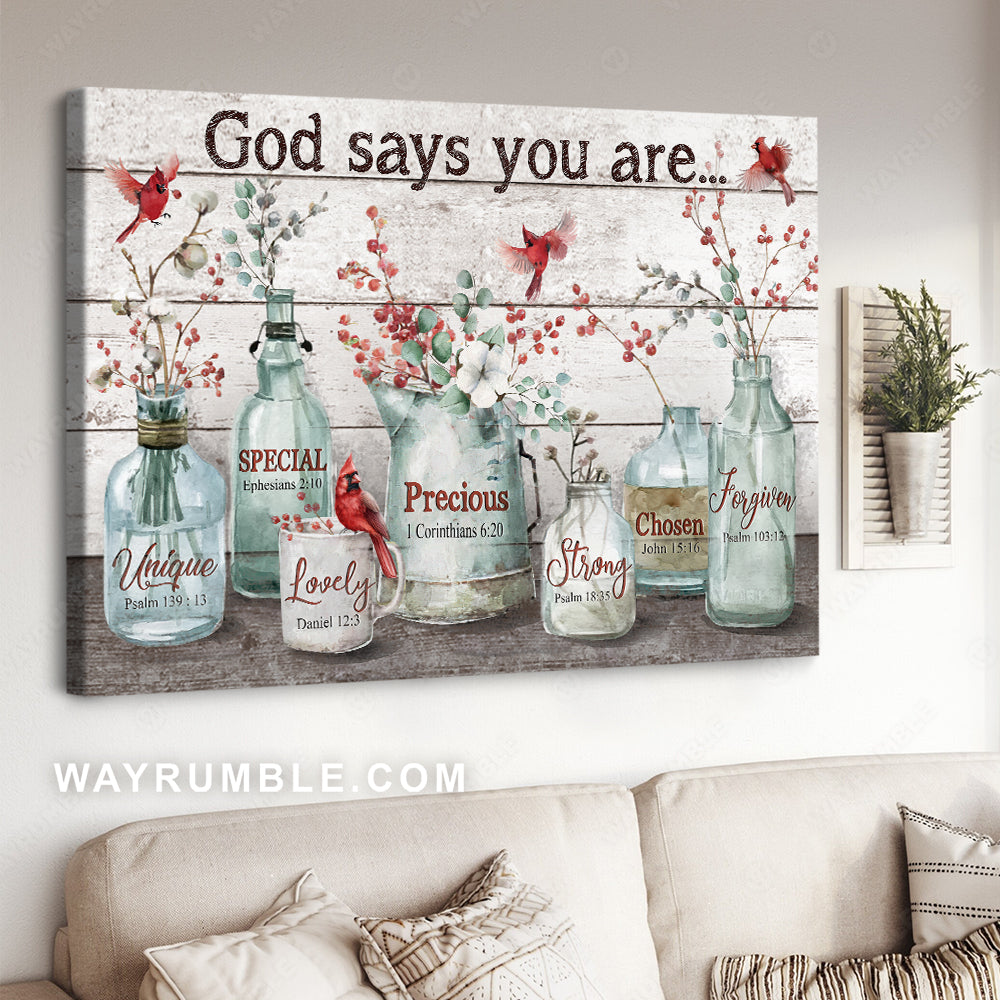 Baby flower, Cardinal painting, Crystal vase, God says you are - Jesus Landscape Canvas Prints, Christian Wall Art