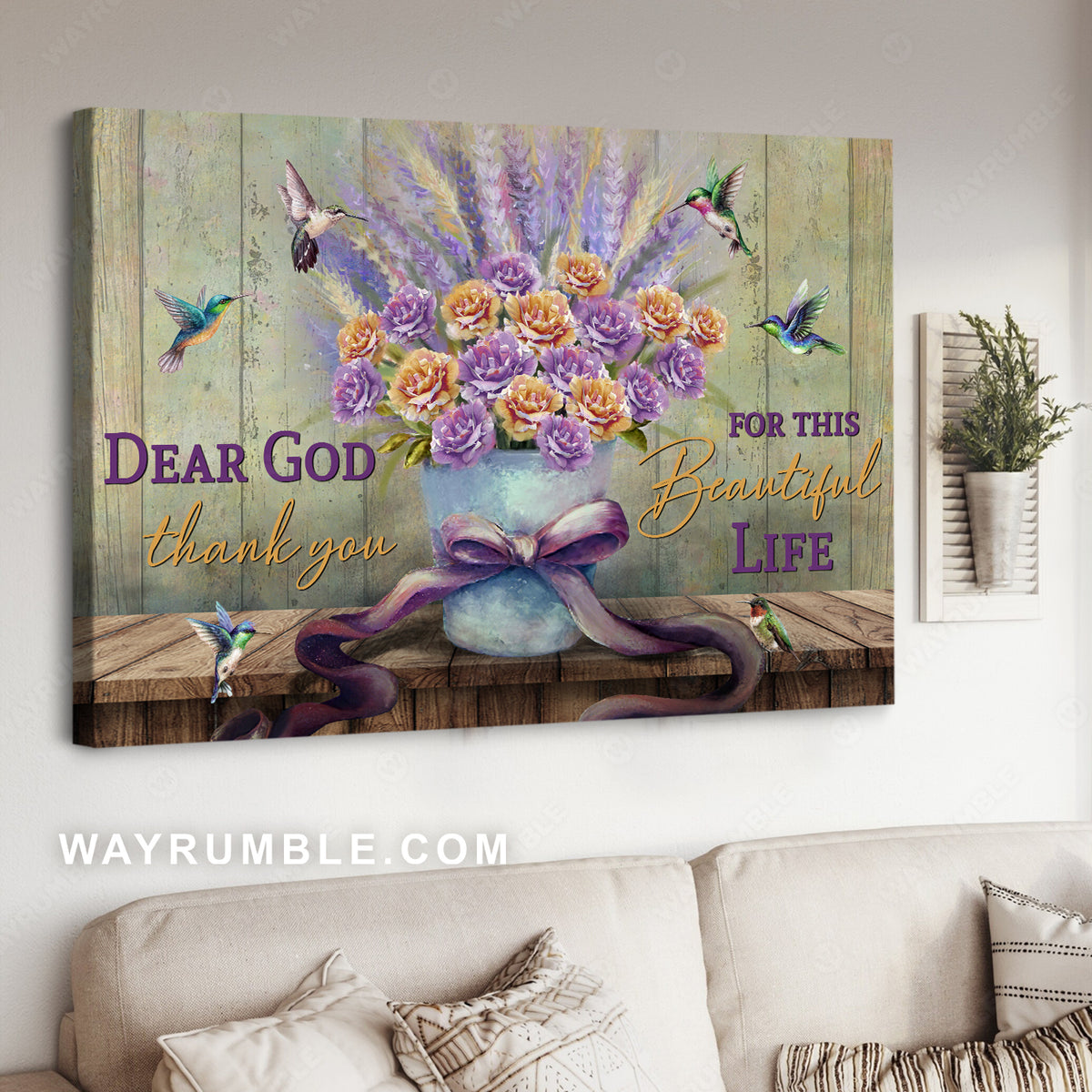 Rose vase, Purple and yellow, Colorful hummingbirds, Dear God - Jesus Landscape Canvas Prints, Christian Wall Art