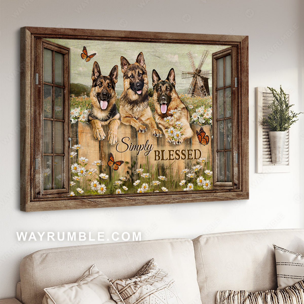 German Shepherd dog, Daisy field, Wooden windmill, Simply blessed - Jesus Landscape Canvas Prints, Christian Wall Art