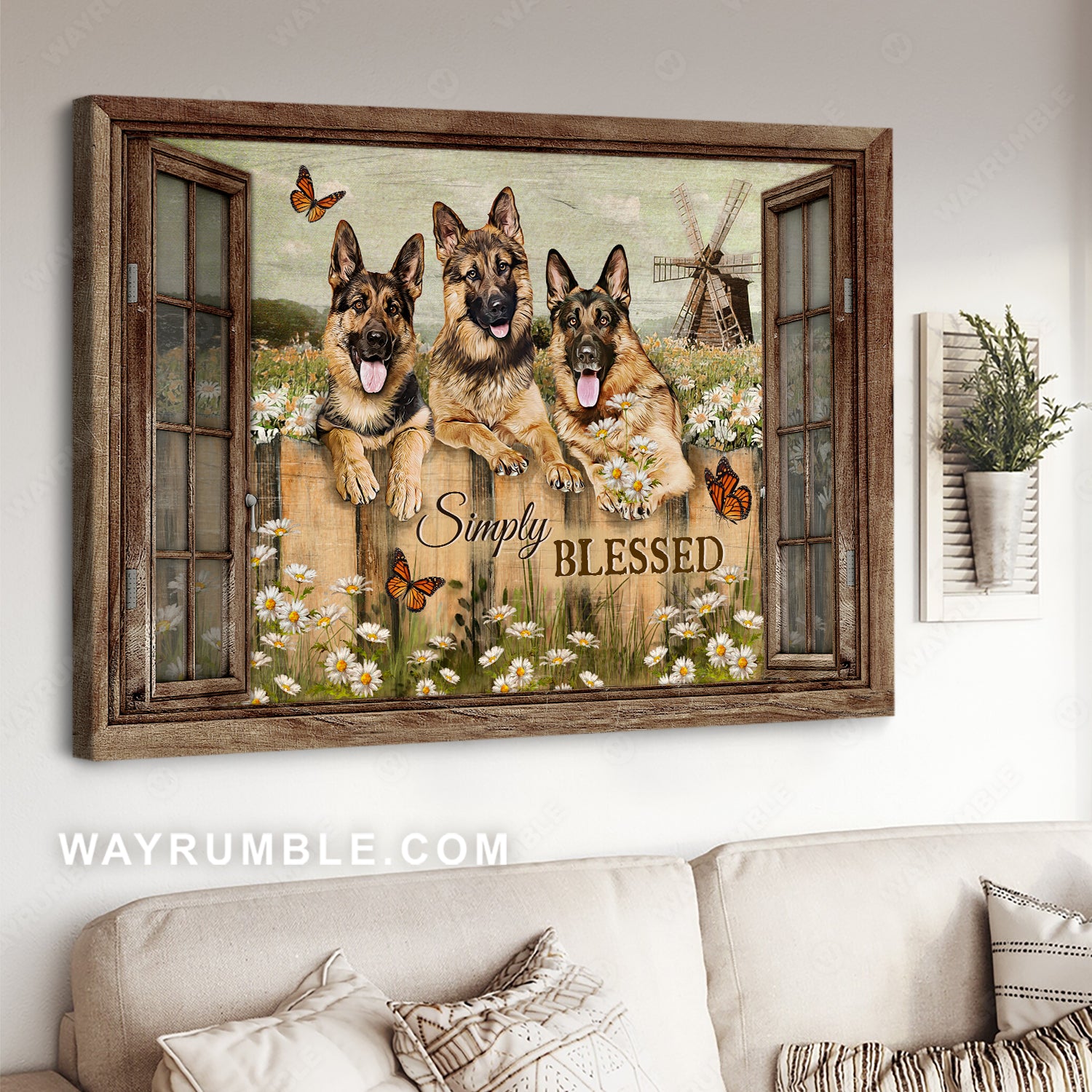 German Shepherd dog, Daisy field, Wooden windmill, Simply blessed - Jesus Landscape Canvas Prints, Christian Wall Art