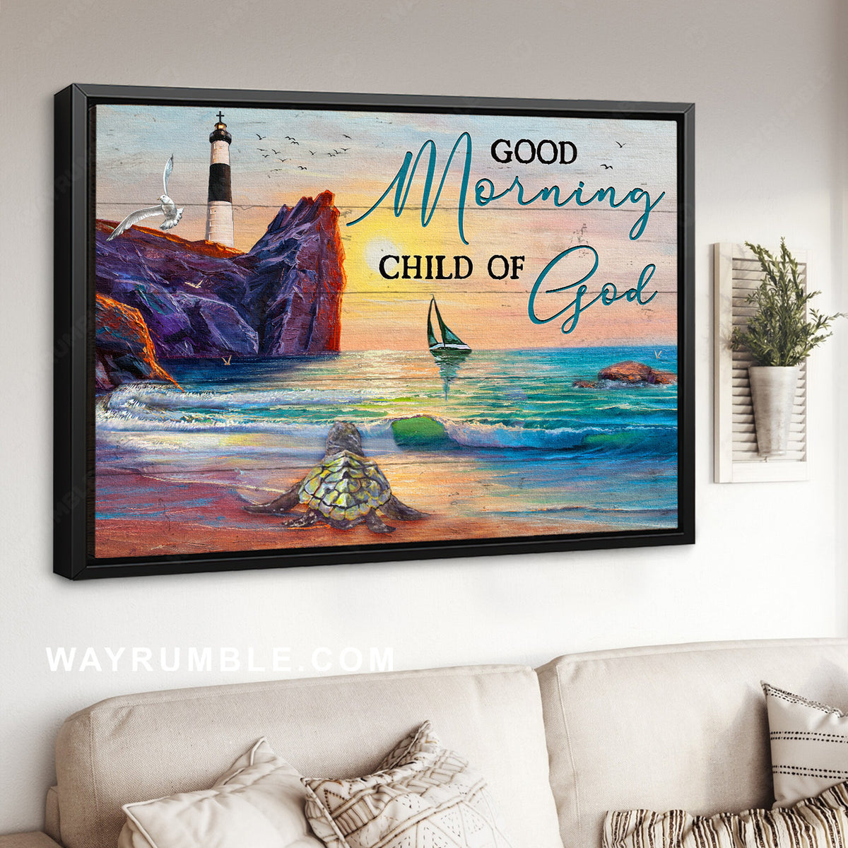 Beautiful sunset, Oldest turtle, Amazing ocean, Good morning child of God - Jesus Landscape Canvas Prints, Home Decor Wall Art