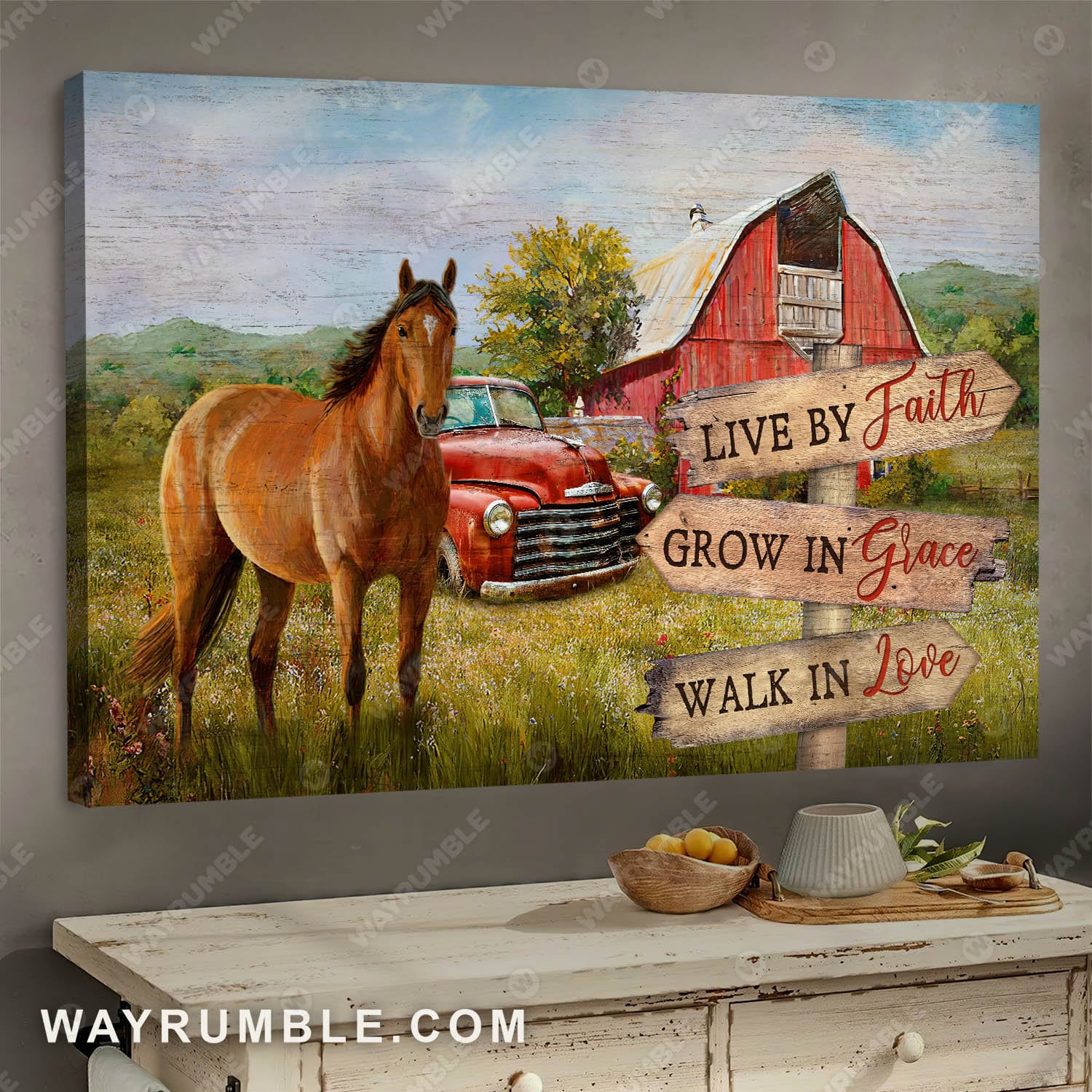 Beautiful horse drawing, Red house, Live by faith grow in grace walk in love - Jesus Landscape Canvas Prints, Wall Art