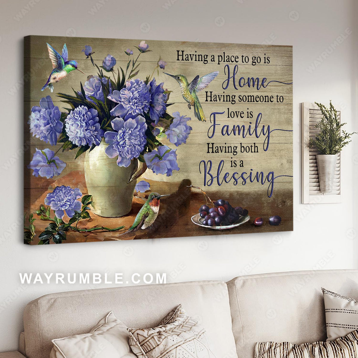 Still life painting, Hummingbird, Purple flower, Having someone to love is family - Jesus Landscape Canvas Prints, Christian Wall Art