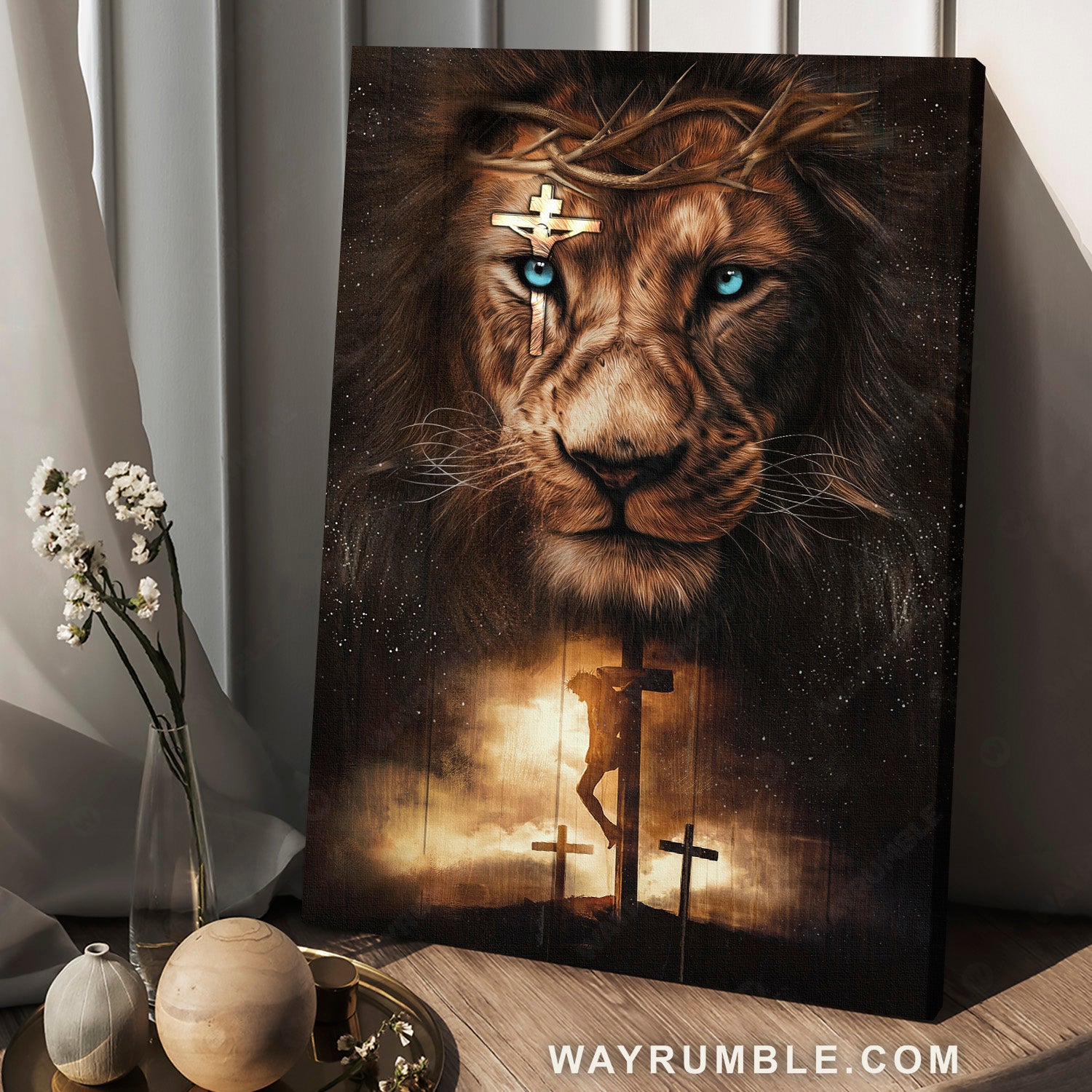 Amazing lion, Blue eyes, Jesus on the cross, Galaxy background - Jesus Portrait Canvas Prints, Home Decor Wall Art