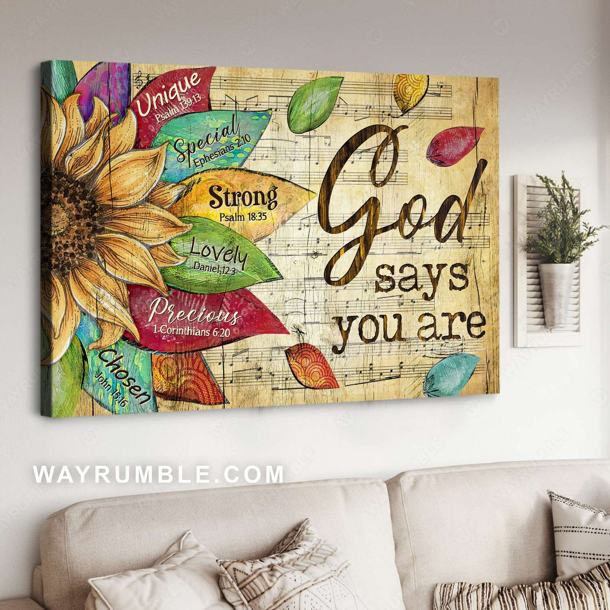Sunflower drawing, Flower petals, Music sheet, God says you are unique - Jesus Landscape Canvas Prints, Christian Wall Art