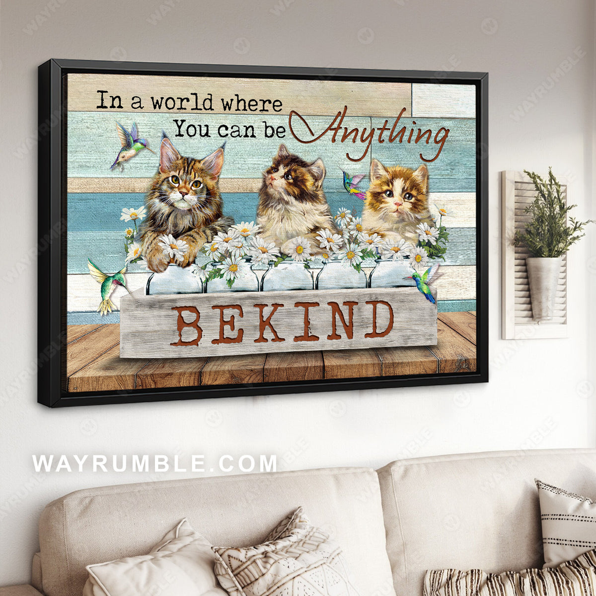 Beautiful cat drawing, Daisy field, Hummingbird, In a world where you can be anything - Jesus Landscape Canvas Prints, Christian Wall Art