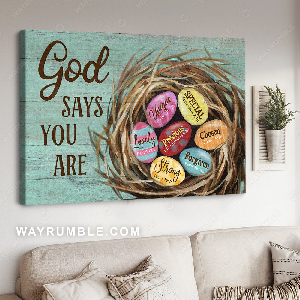 Colorful eggs, Bird nest, Mint background, God says you are unique - Jesus Landscape Canvas Prints, Christian Wall Art