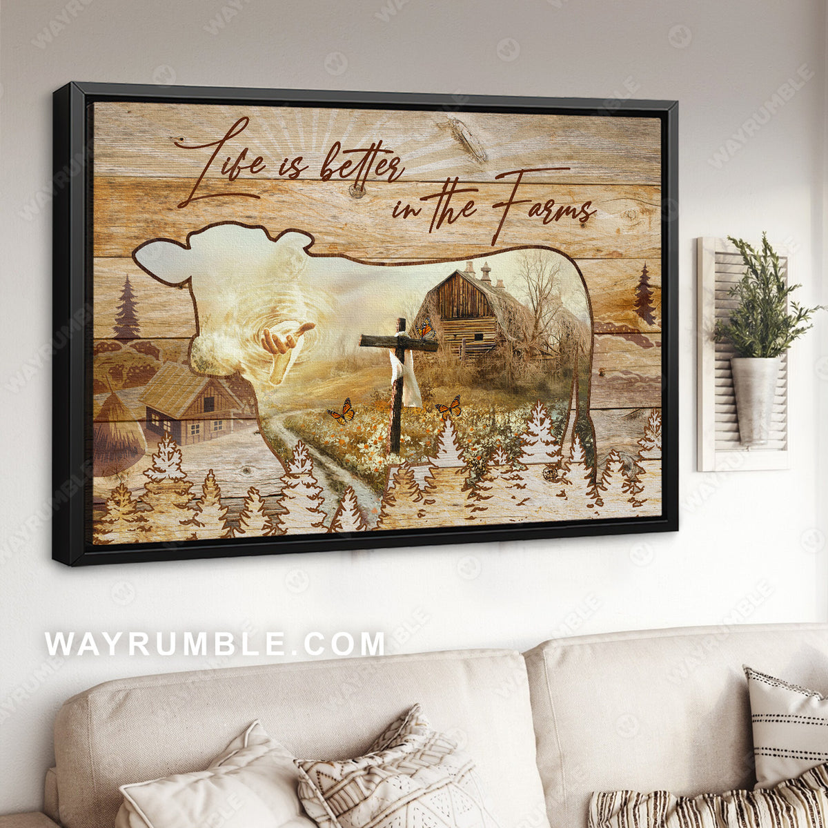 Peaceful village, Cow painting, Jesus Christ, Life is better in the farm - Jesus Landscape Canvas Prints, Christian Wall Art