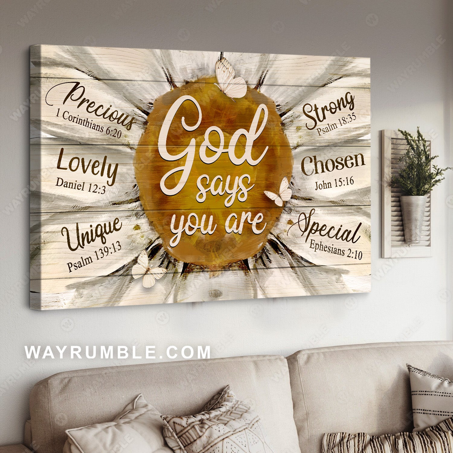 Sunflower frame, Pretty flower, White butterfly, God says you are unique - Jesus Landscape Canvas Prints, Home Decor Wall Art
